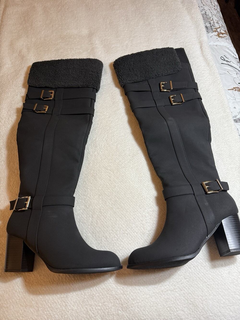 Journee Alyza Black Knee High Riding Boots Buckle Zip Faux Fur Lined 8M